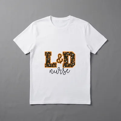 Halloween Labor and Delivery Nurse T-Shirt – “L&D” in pumpkin pattern above cursive “nurse” – Classic T-Shirt in Black