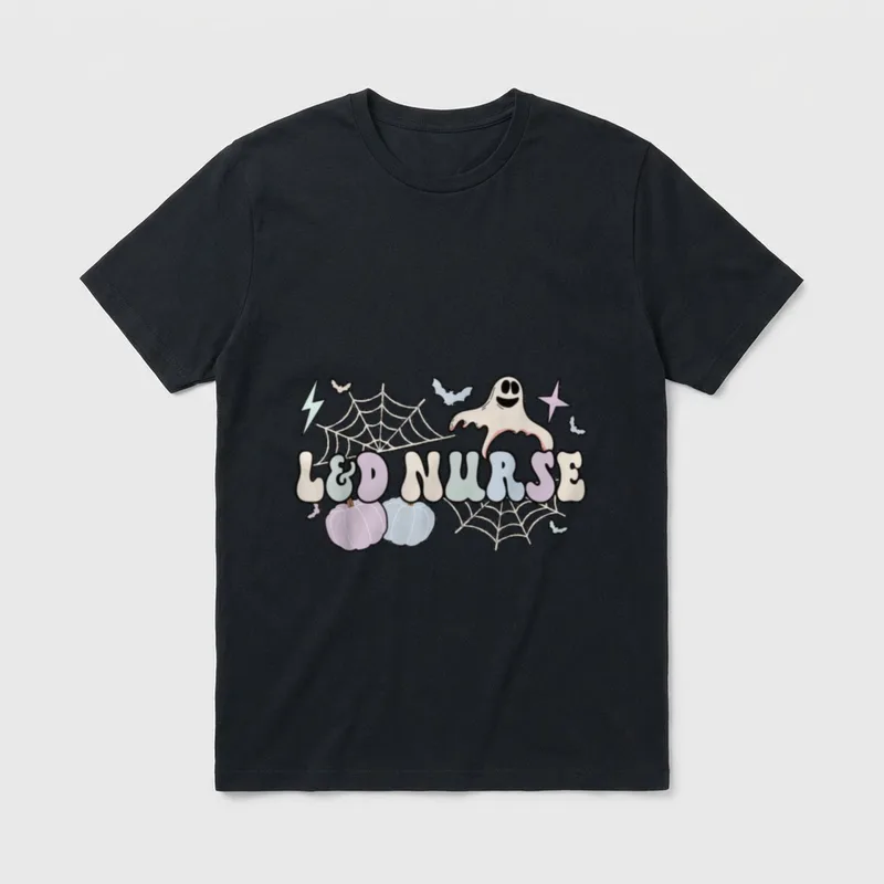 Spooky L D Nurse Halloween Delivery T-Shirt – L&D NURSE print with ghost, pumpkins, and spiderwebs – Classic T-Shirt in Black