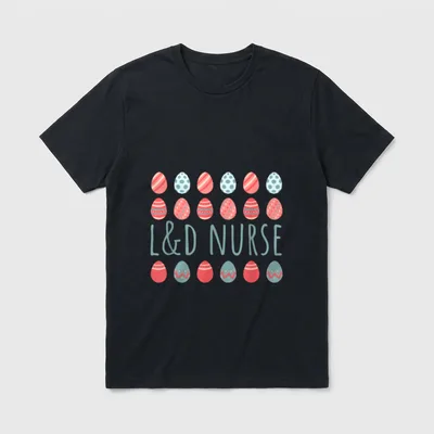 L D Nurse Labor and Easter T-Shirt – Decorated Easter eggs framing teal L&D NURSE lettering – Classic T-Shirt in Black