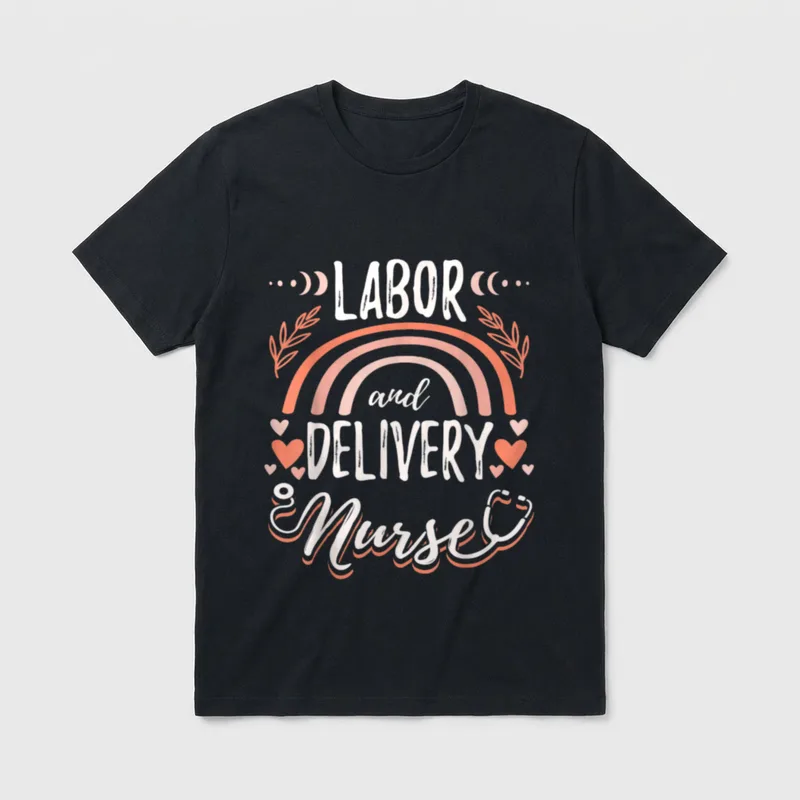 Labor and Delivery Nurse L World T-Shirt – LABOR and DELIVERY Nurse with rainbow and stethoscope – Classic T-Shirt in Black