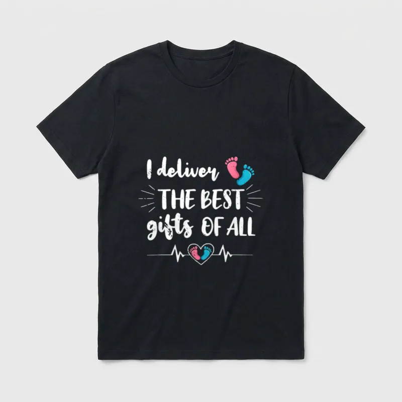 LD Nurse L D Labor Delivery T-Shirt – “I deliver THE BEST gifts OF ALL” with tiny baby footprints – Classic T-Shirt in Black