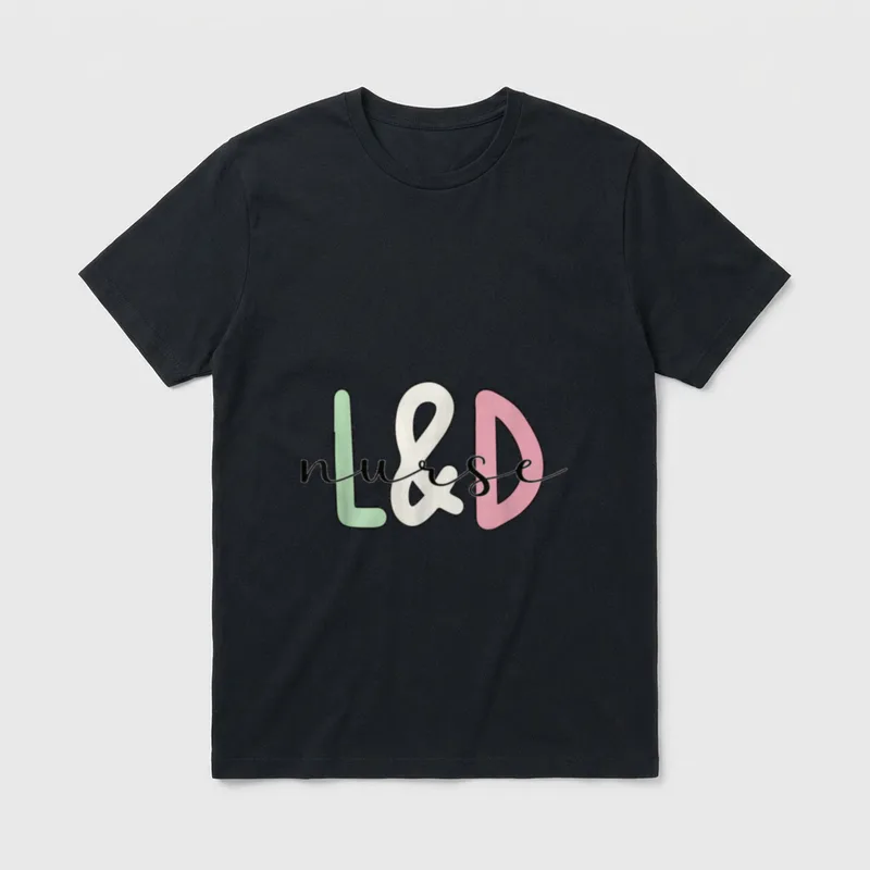 L D Nurse Appreciation Labor T-Shirt – Pastel L and D block letters with cursive nurse script – Classic T-Shirt in Black