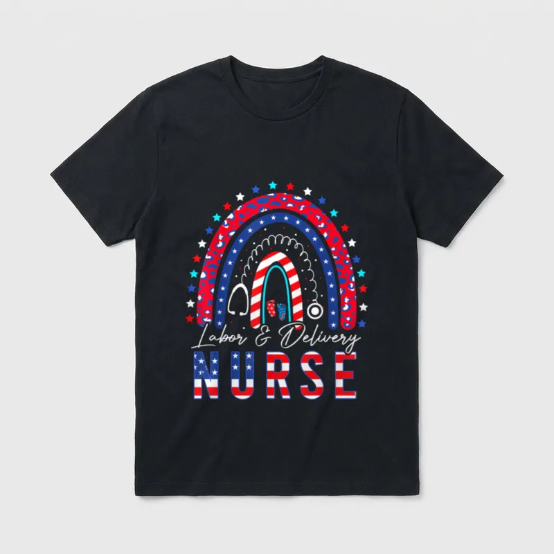 Rainbow Stethoscope Patriotic Labor Delivery Nurse T-Shirt – Classic T-Shirt in Black