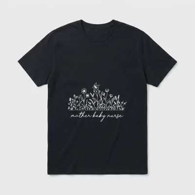 Floral Mother Baby Nurse T-Shirt – Wildflower meadow line art with mother baby nurse script – Classic T-Shirt in Black