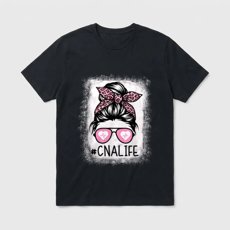 CNA Nurse Life T-Shirt – Pink leopard messy bun, heartbeat aviators, and CNALIFE hashtag – Classic T-Shirt in Black
