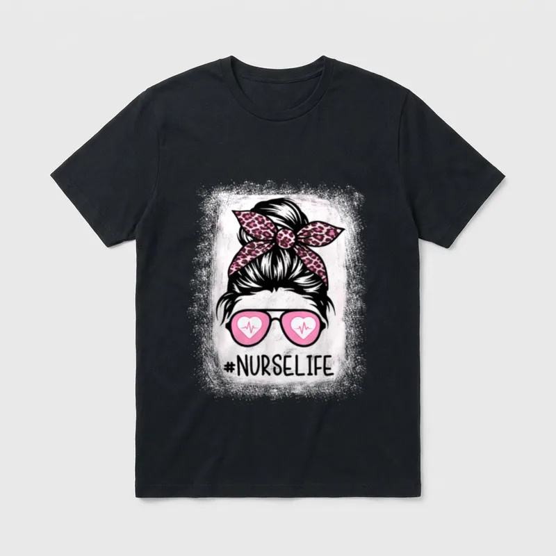 Pink Leopard Messy Bun Nurse Life T-Shirt – Classic T-Shirt in Black