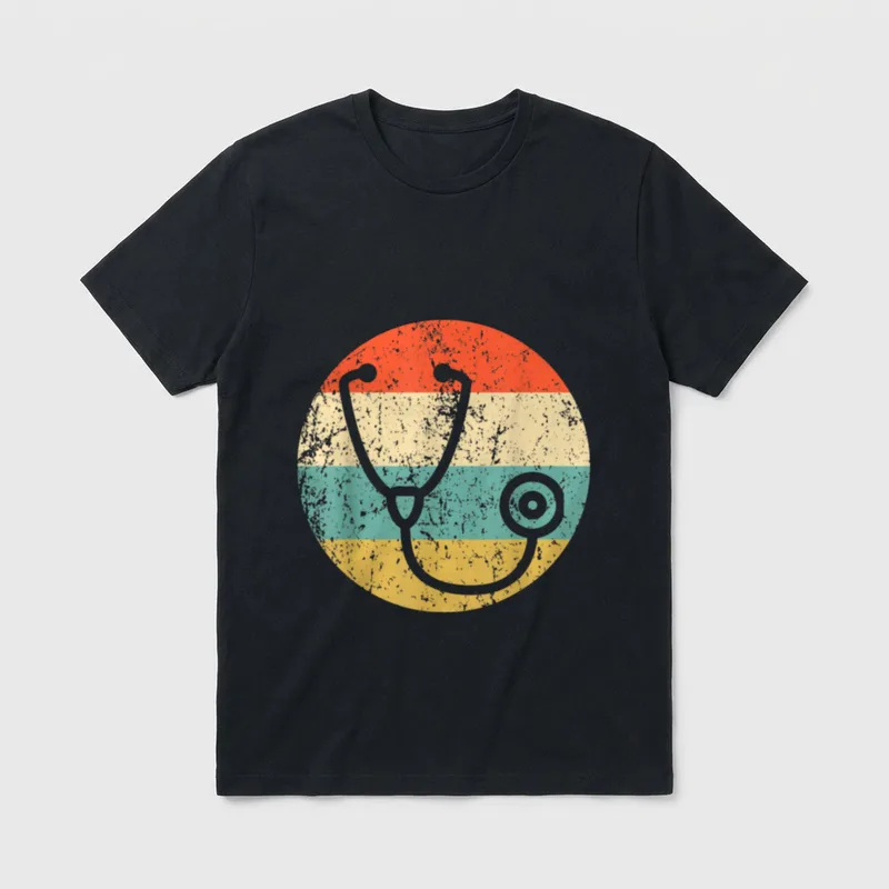 Doctor Nurse Vintage Retro Stethoscope T-Shirt – Retro striped circle with medical stethoscope – Classic T-Shirt in Black