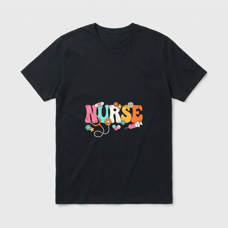 Cute Groovy Nurse Flower Nursing T-Shirt – Classic T-Shirt in Black