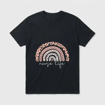 Nurse Life Student RN LPN CNA T-Shirt – Boho leopard rainbow with scripted nurse life lettering – Classic T-Shirt in Black
