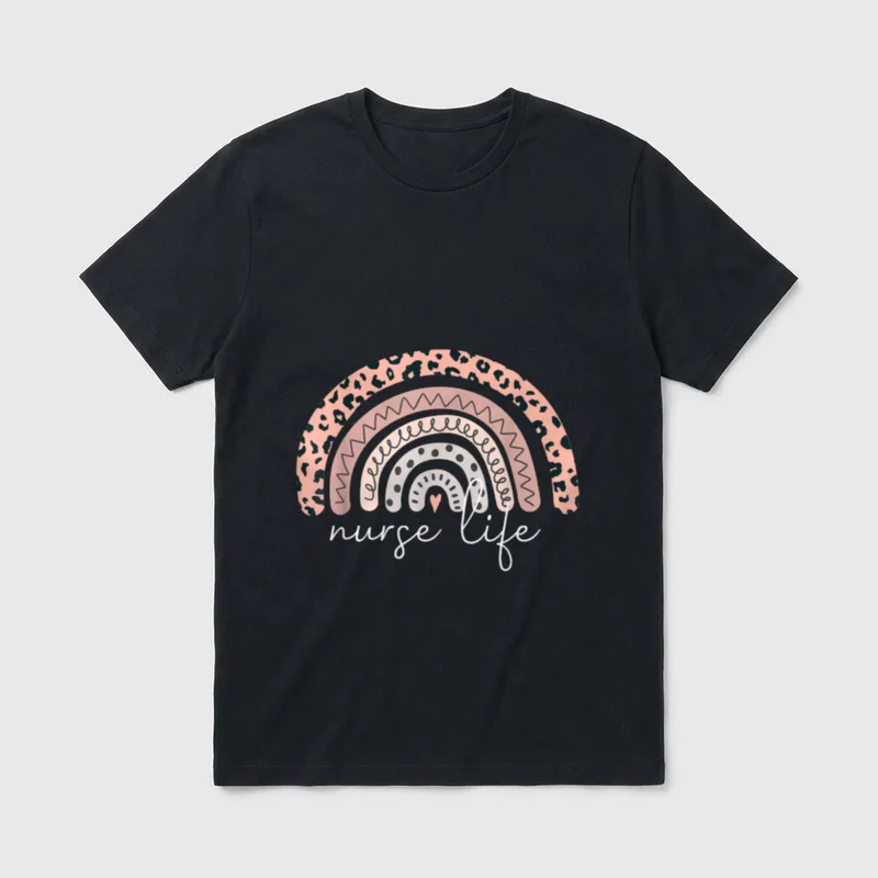 Nurse Life Student RN LPN CNA T-Shirt – Boho leopard rainbow with scripted nurse life lettering – Classic T-Shirt in Black