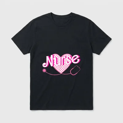 Nurse School Retro T-Shirt – Pink checkered heart with Nurse lettering and stethoscope – Classic T-Shirt in Black