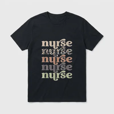 Retro Leopard Nurse Life T-Shirt – Stacked nurse text in earthy tones and leopard print – Classic T-Shirt in Black