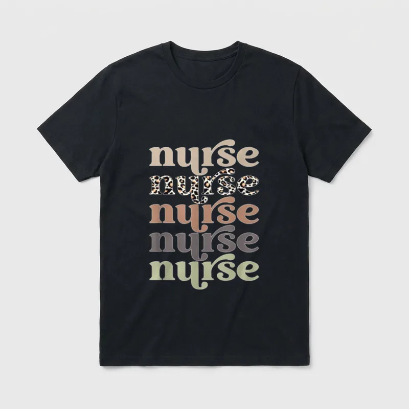 Retro Leopard Nurse Life T-Shirt – Stacked nurse text in earthy tones and leopard print – Classic T-Shirt in Black