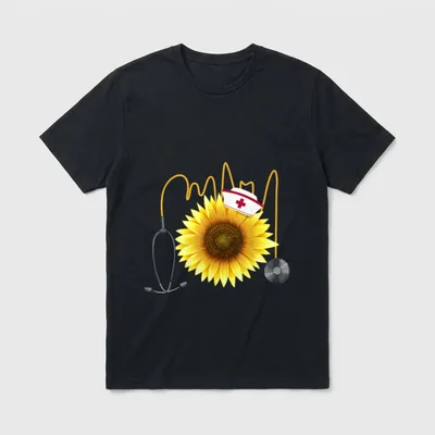 Nurse Sunflower Heartbeat T-Shirt – Yellow sunflower with stethoscope heartbeat line and nurse cap – Classic T-Shirt in Black