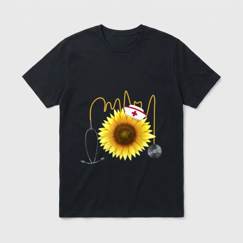 Nurse Sunflower Heartbeat T-Shirt – Yellow sunflower with stethoscope heartbeat line and nurse cap – Classic T-Shirt in Black