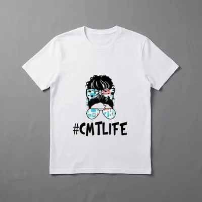 Messy Bun CMT Life Nurse T-Shirt – Messy hair bun, medical bow, sunglasses, and #CMTLIFE print – Classic T-Shirt in Black
