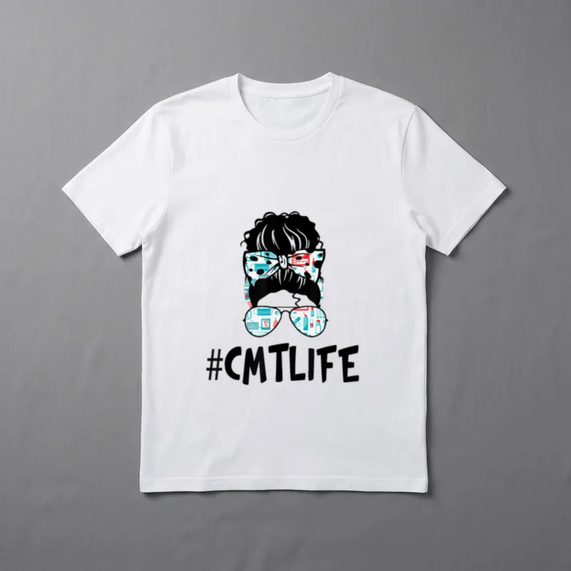 Messy Bun CMT Life Nurse T-Shirt – Messy hair bun, medical bow, sunglasses, and #CMTLIFE print – Classic T-Shirt in Black