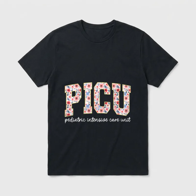 Floral PICU Nurse Flower Pediatric ICU T-Shirt – Classic T-Shirt in Black