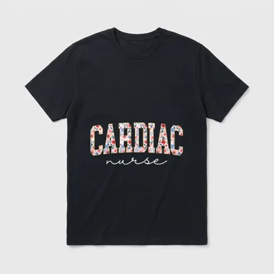 Boho Floral Cute Cardiac Nurse T-Shirt – Floral varsity CARDIAC lettering with cursive nurse text – Classic T-Shirt in Black