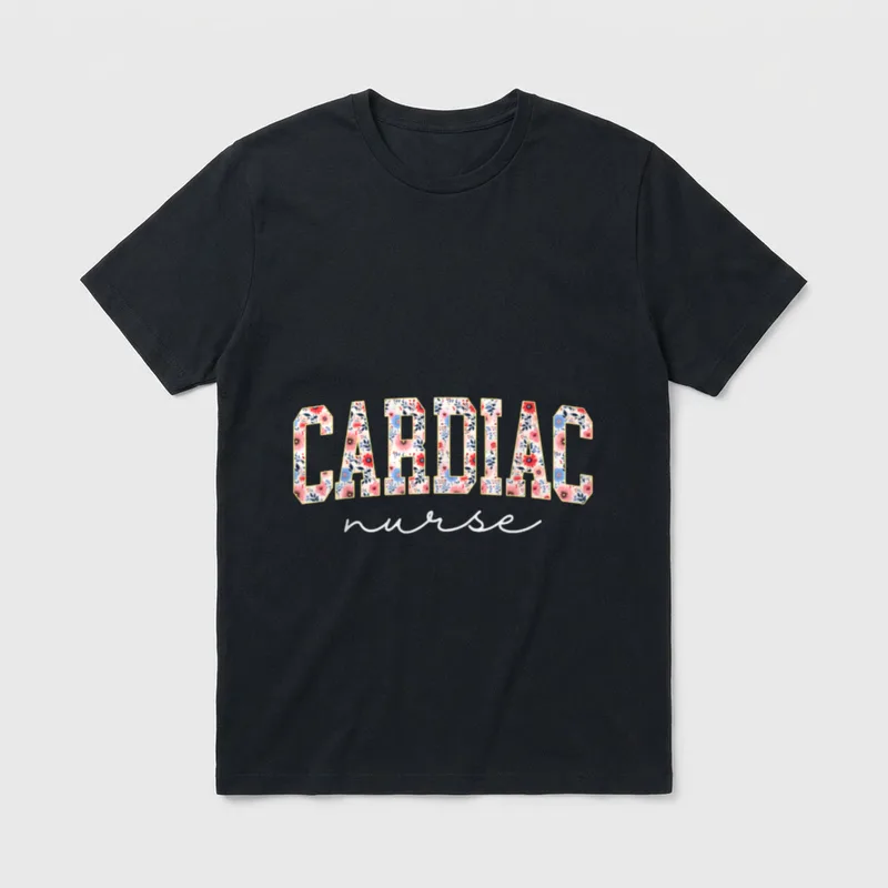 Boho Floral Cute Cardiac Nurse T-Shirt – Floral varsity CARDIAC lettering with cursive nurse text – Classic T-Shirt in Black