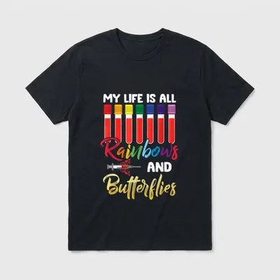 Nurse Phlebotomist T-Shirt – Blood collection tubes with a winged syringe and colorful lettering – Classic T-Shirt in Black