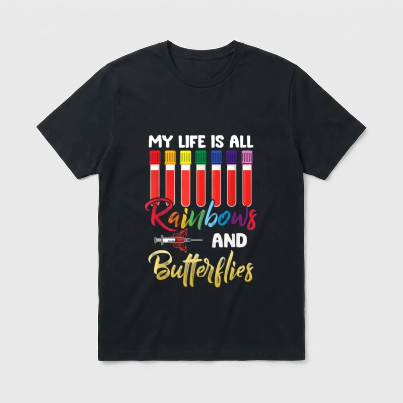 Nurse Phlebotomist T-Shirt – Blood collection tubes with a winged syringe and colorful lettering – Classic T-Shirt in Black