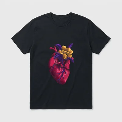 Floral Anatomical Heart T-Shirt – Anatomical heart with blooming golden flower and purple leaves – Classic T-Shirt in Black