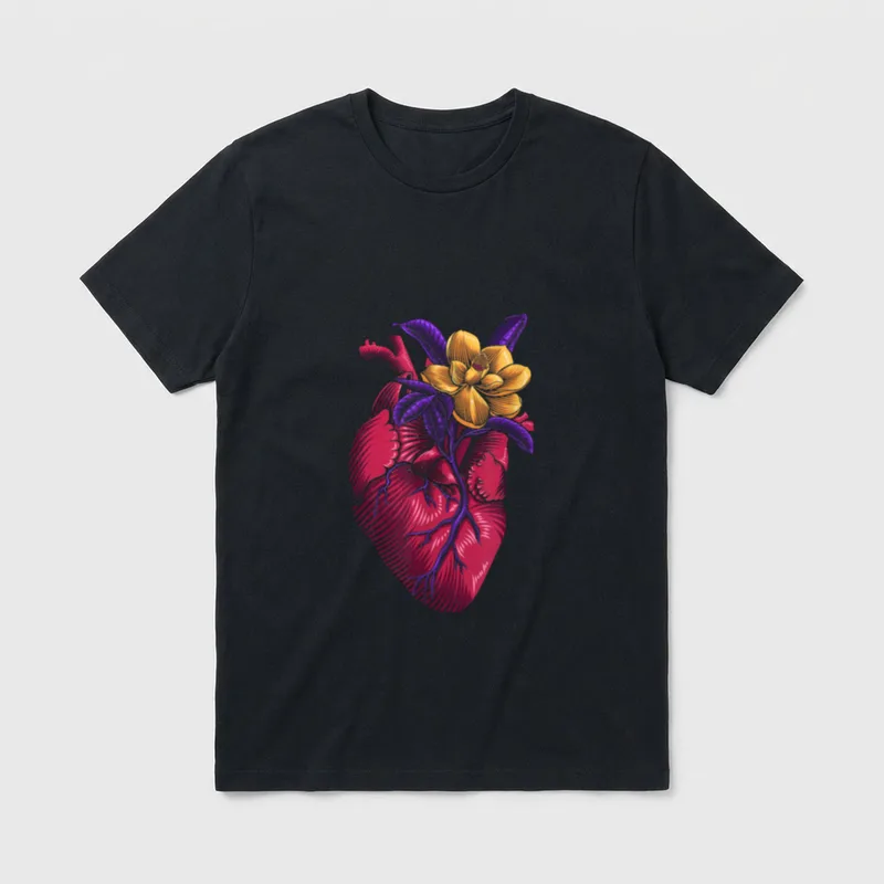 Floral Anatomical Heart T-Shirt – Anatomical heart with blooming golden flower and purple leaves – Classic T-Shirt in Black