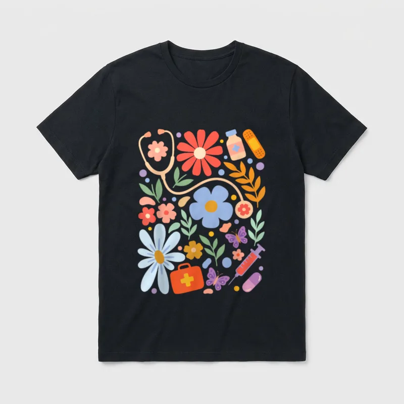 Nurse Boho Flowers RN Nursing T-Shirt – Classic T-Shirt in Black