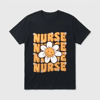 Groovy Nurse Cute Daisy Flower Retro T-Shirt – Stacked NURSE lettering with a smiling daisy flower – Classic T-Shirt in Black