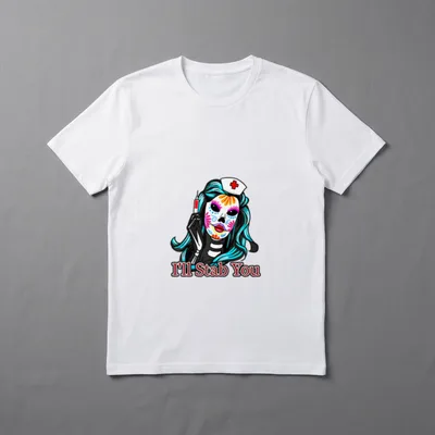 Ill Stab You Nurse Sugar Skull T-Shirt – Calavera nurse holding a syringe with I'll Stab You print – Classic T-Shirt in Black