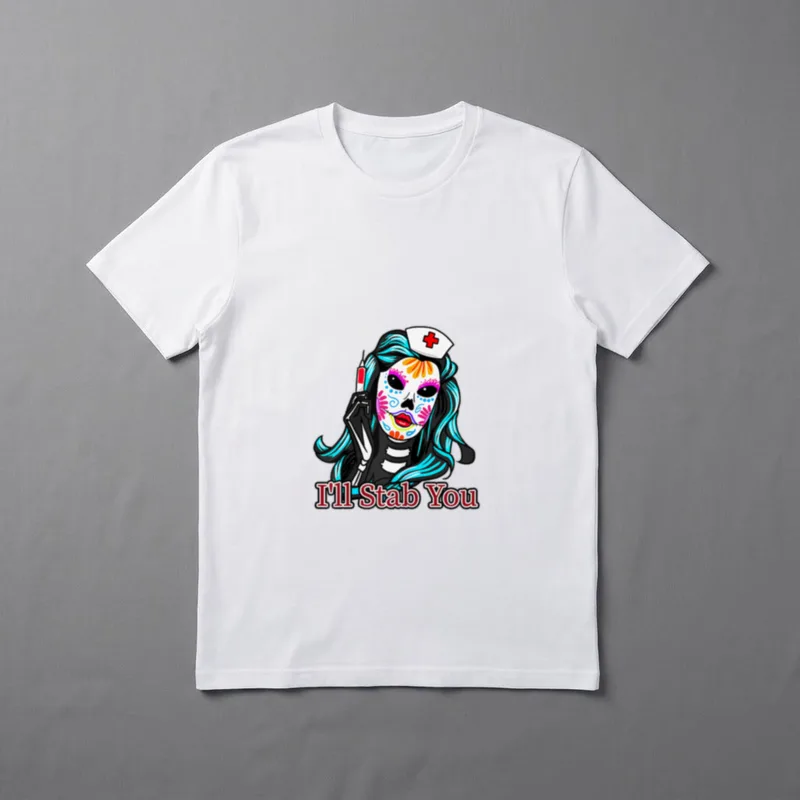 Ill Stab You Nurse Sugar Skull T-Shirt – Calavera nurse holding a syringe with I'll Stab You print – Classic T-Shirt in Black