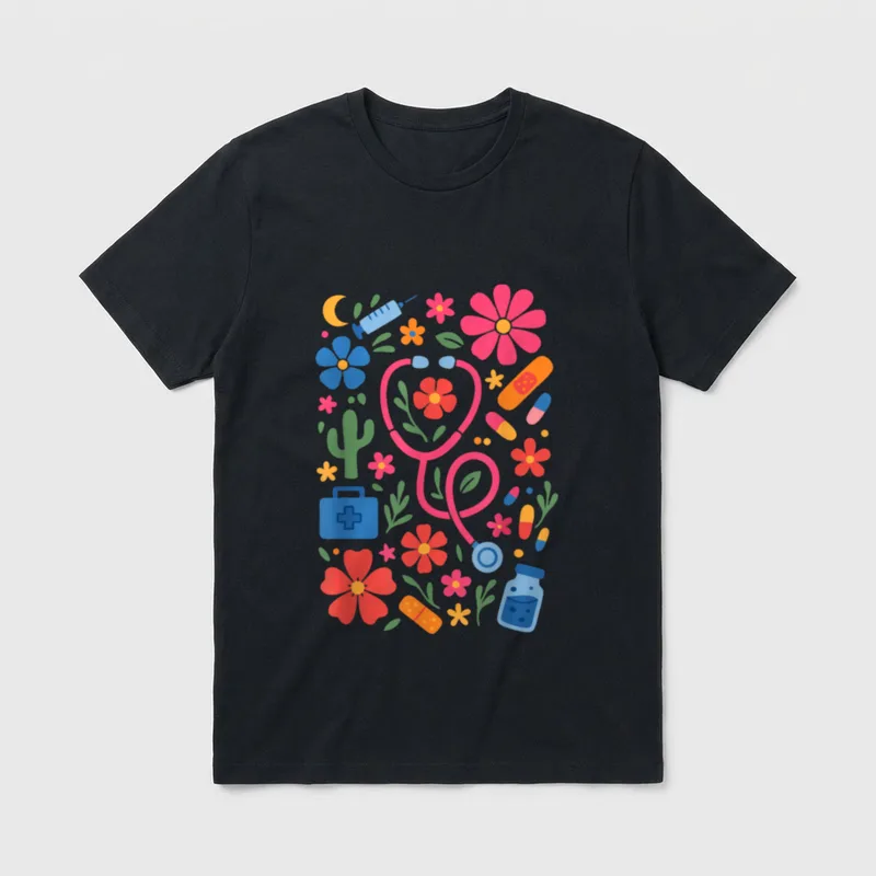 Boho Floral Nurse Doctor Stethoscope RN T-Shirt – Classic T-Shirt in Black