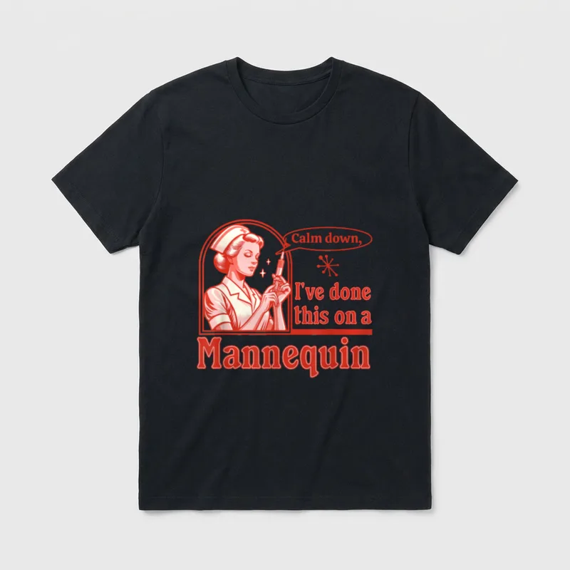 Funny Nurse Retro T-Shirt – Vintage nurse holding a syringe with mannequin joke speech bubble – Classic T-Shirt in Black