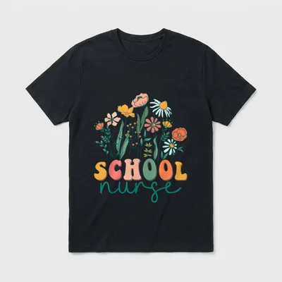 Groovy Wildflower School Nurse T-Shirt – SCHOOL nurse printed below blooming colorful wildflowers – Classic T-Shirt in Black