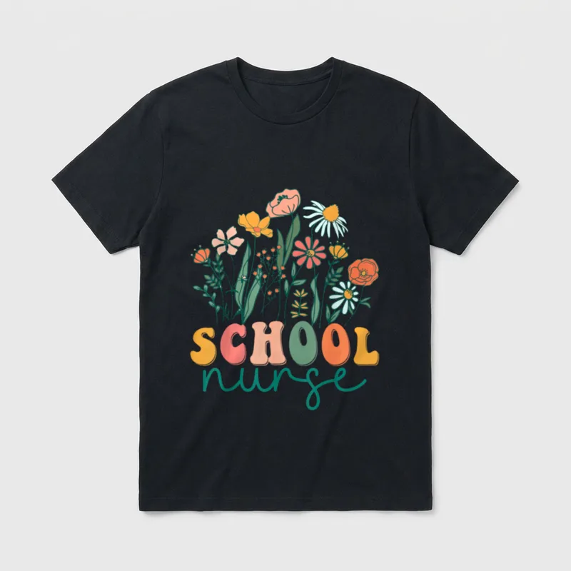 Groovy Wildflower School Nurse T-Shirt – SCHOOL nurse printed below blooming colorful wildflowers – Classic T-Shirt in Black