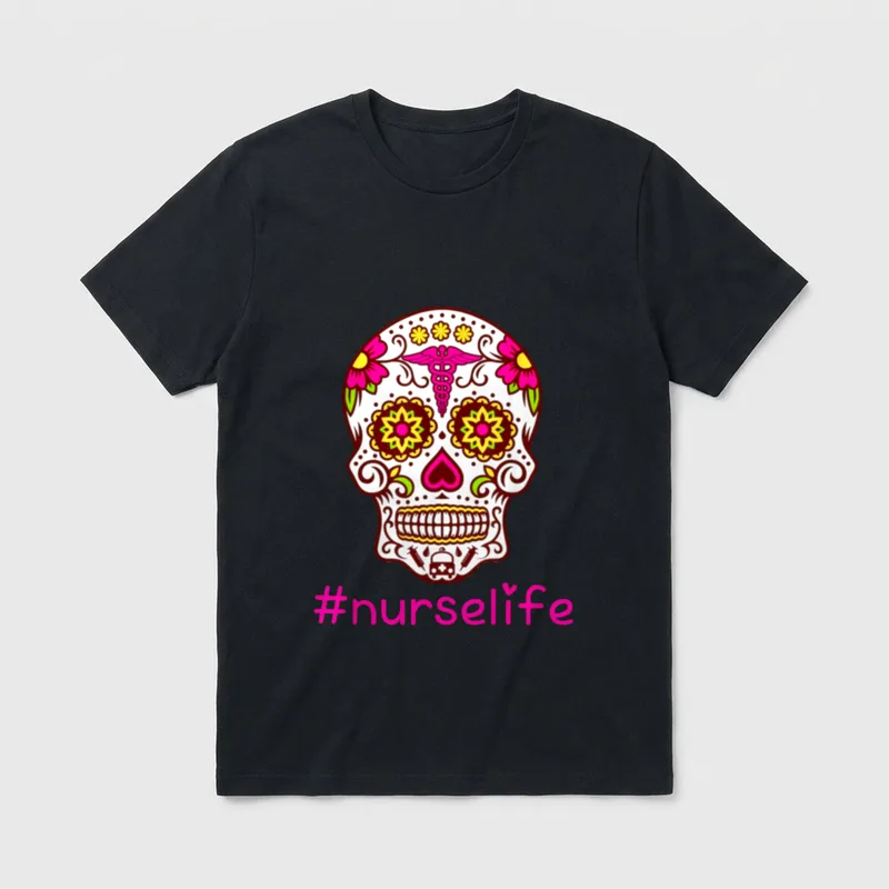 Sugar Skull Nurse Life Flower Day T-Shirt – Classic T-Shirt in Black