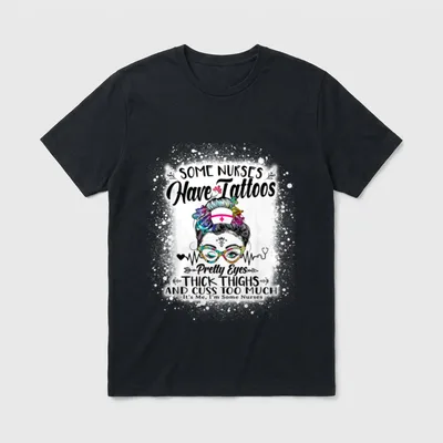 Some Nurses Have Tattoos Shirt – Nurse portrait with floral messy bun, glasses, and heartbeat line – Classic T-Shirt in Black