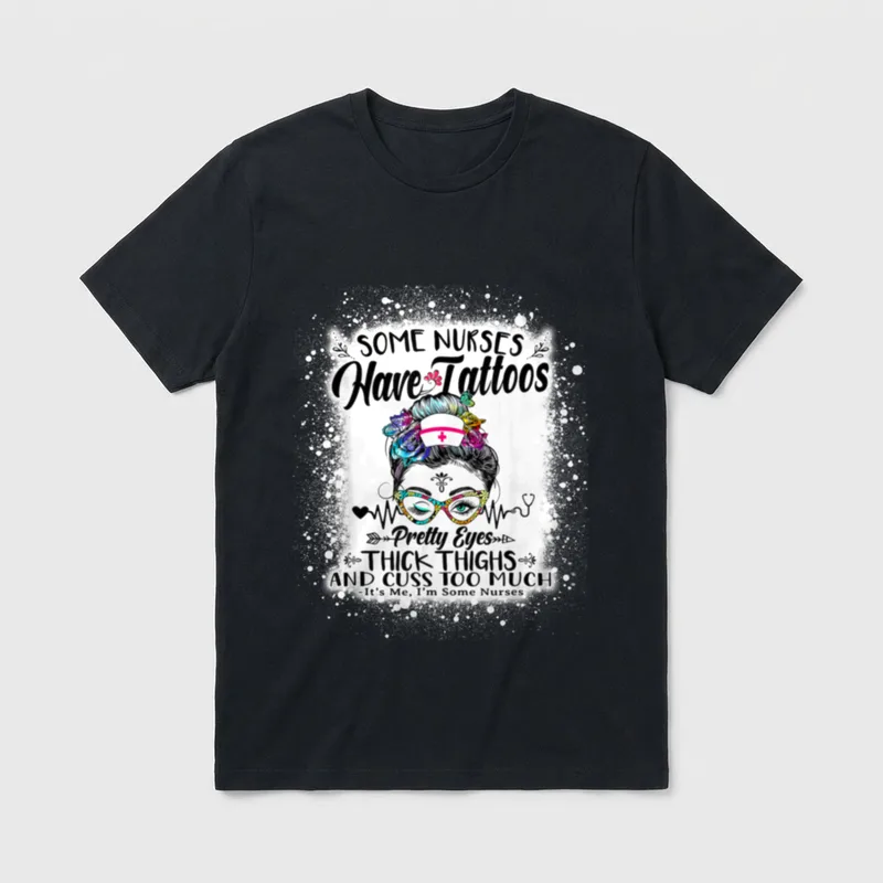 Some Nurses Have Tattoos Shirt – Nurse portrait with floral messy bun, glasses, and heartbeat line – Classic T-Shirt in Black