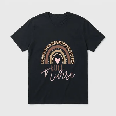 NICU Nurse ICU Neonatal Leopard Rainbow T-Shirt – NICU Nurse with a leopard rainbow and pink heart – Classic T-Shirt in Black
