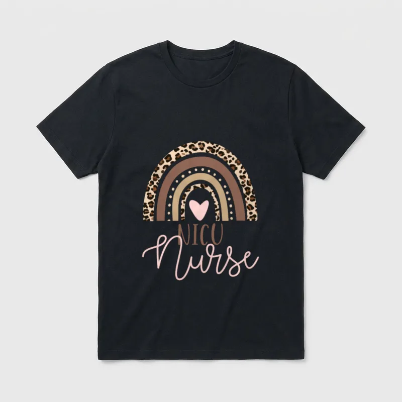 NICU Nurse ICU Neonatal Leopard Rainbow T-Shirt – NICU Nurse with a leopard rainbow and pink heart – Classic T-Shirt in Black