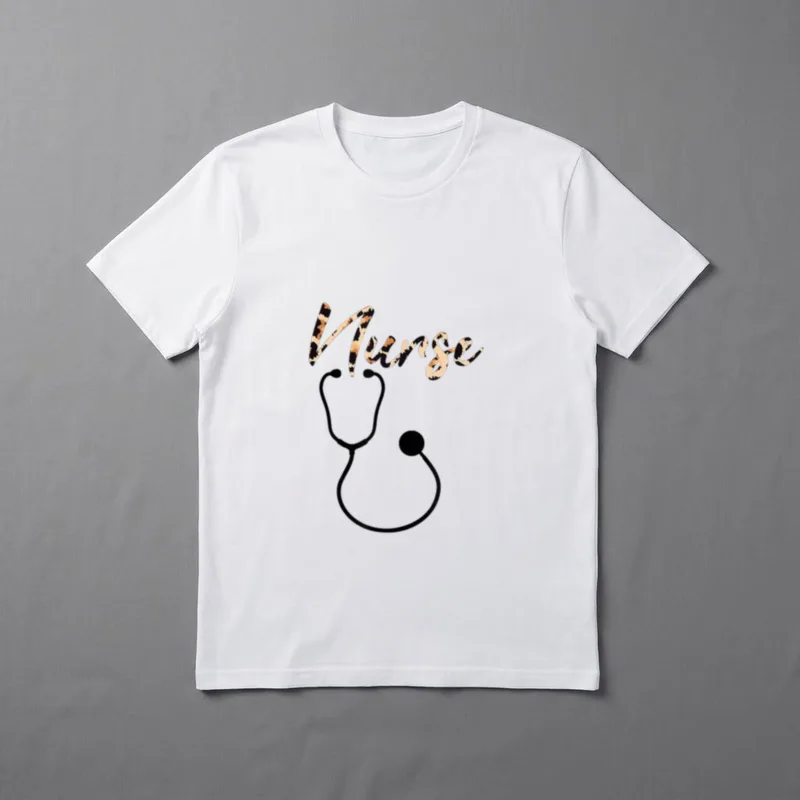 Nurse RN LPN CNA Healthcare Cheetah T-Shirt – Leopard print Nurse script above a black stethoscope – Classic T-Shirt in Black