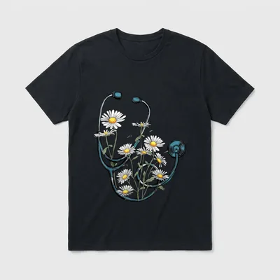 Daisy Flower Stethoscope Floral Nursing School T-Shirt – Classic T-Shirt in Black
