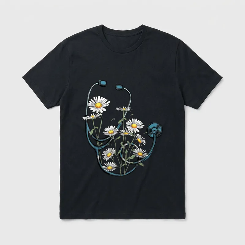 Daisy Flower Stethoscope Floral Nursing School T-Shirt – Classic T-Shirt in Black