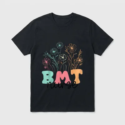 Floral BMT Nurse Bone Marrow Transplant T-Shirt – BMT nurse in retro lettering under wildflowers – Classic T-Shirt in Black