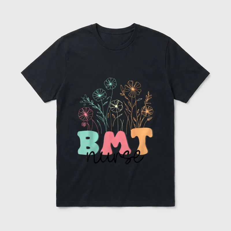 Floral BMT Nurse Bone Marrow Transplant T-Shirt – BMT nurse in retro lettering under wildflowers – Classic T-Shirt in Black