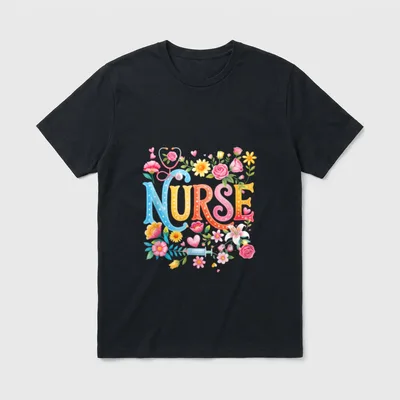 Flower Nursing T-Shirt – Floral NURSE lettering with a stethoscope, syringe, and blossoms – Classic T-Shirt in Black