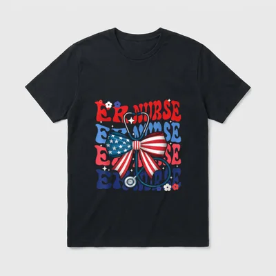 4th of July ER Nurse Retro T-Shirt – ER Nurse stacked lettering with stethoscope and flag bow – Classic T-Shirt in Black
