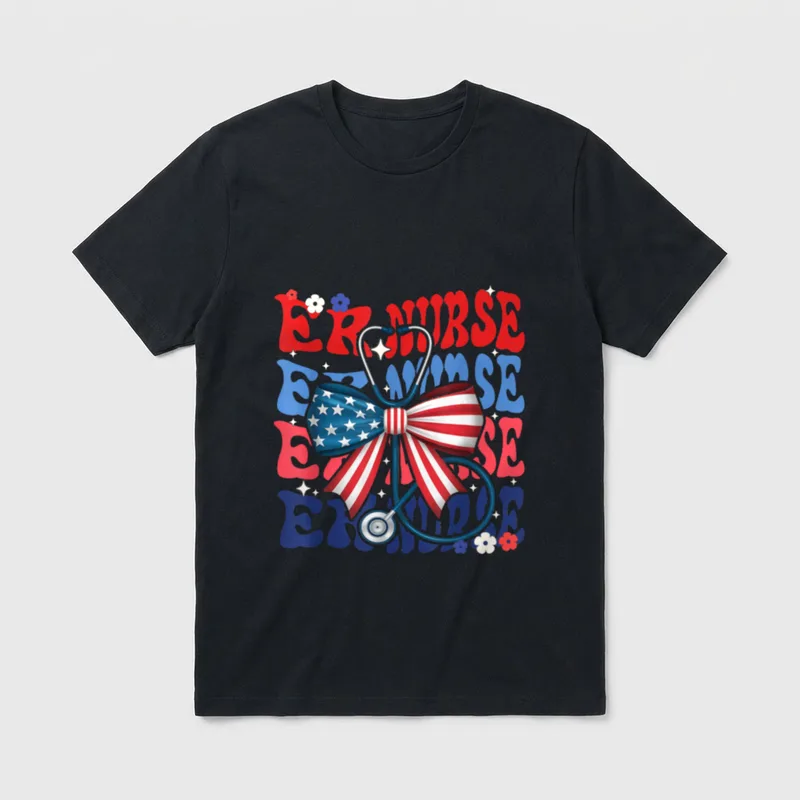 4th of July ER Nurse Retro T-Shirt – ER Nurse stacked lettering with stethoscope and flag bow – Classic T-Shirt in Black
