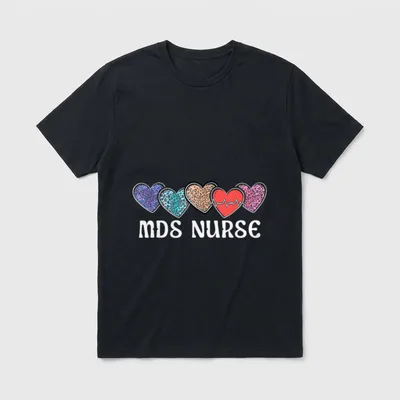 MDS Nurse Heart Leopard T-Shirt – Five patterned hearts with a pulse line and MDS NURSE text – Classic T-Shirt in Black